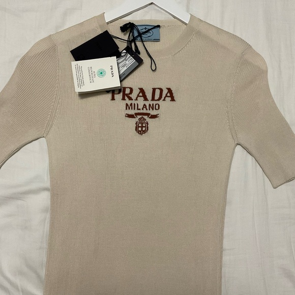 PradaBeige Silk Crewneck Sweater with Logo